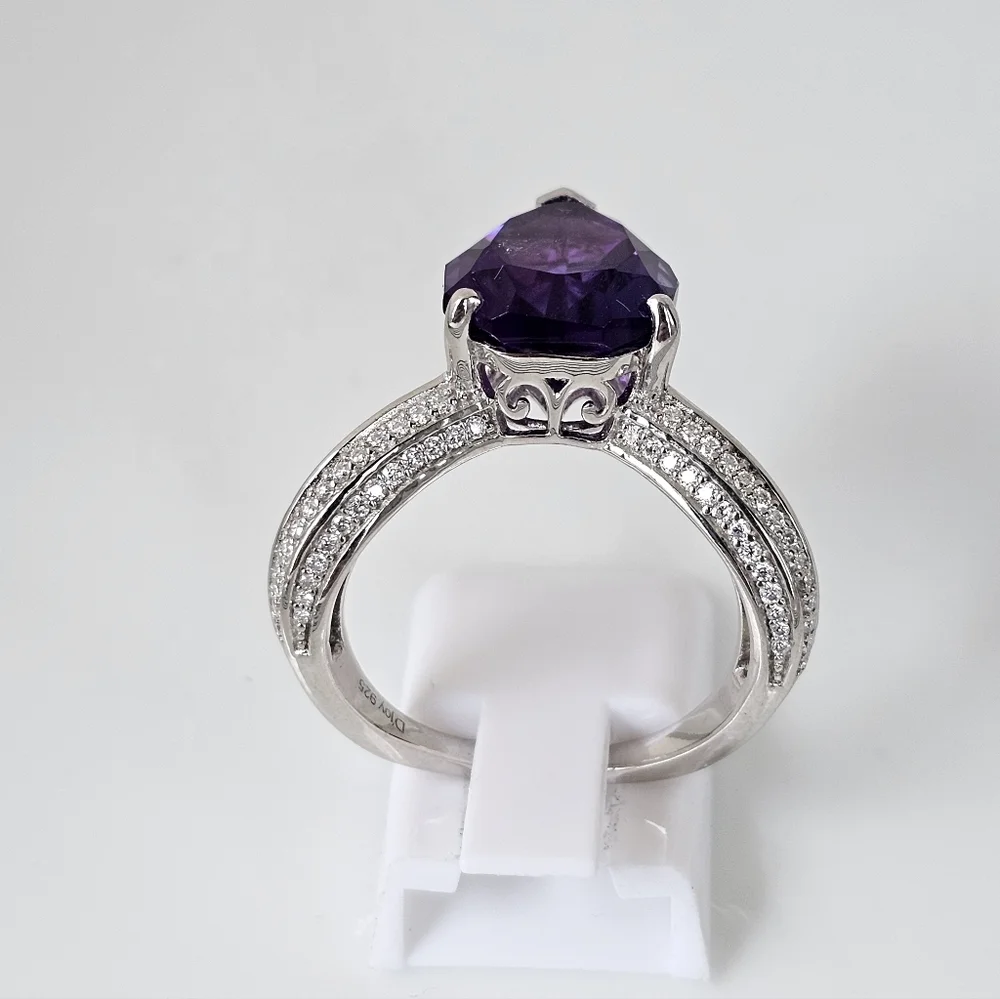 Natural African Amethyst & Moissanite Ring Sterling Silver Platinum Finish Sz 7! - Picture 3 of 5